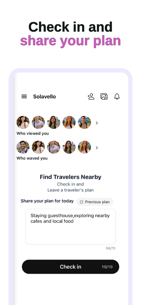 Solavello check-in screen showing plan input and share your plan feature