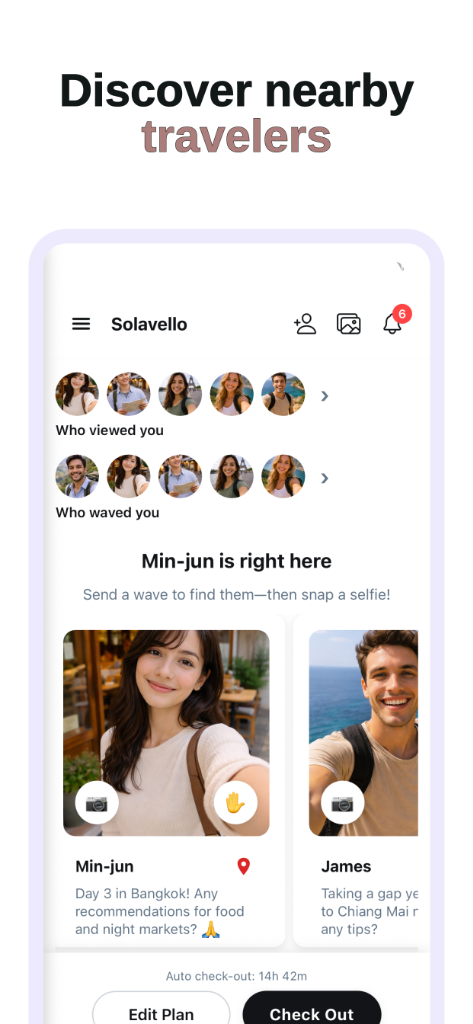 Solavello app showing travelers nearby within 100 meters