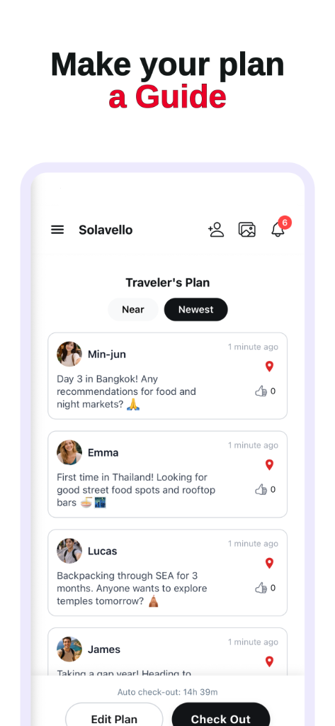 Solavello Traveler's Plan screen showing plans from nearby travelers that serve as conversation starters