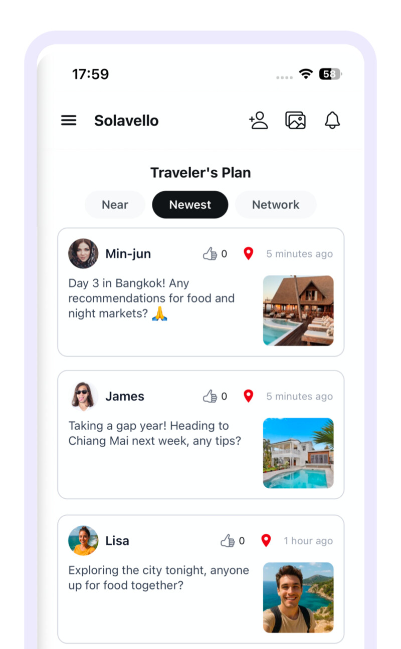 Solavello Traveler's Plan list — share your plan as a guide for nearby travelers