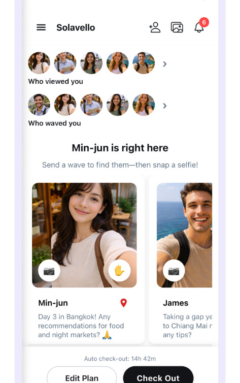 Solavello app showing nearby travelers within 100 meters