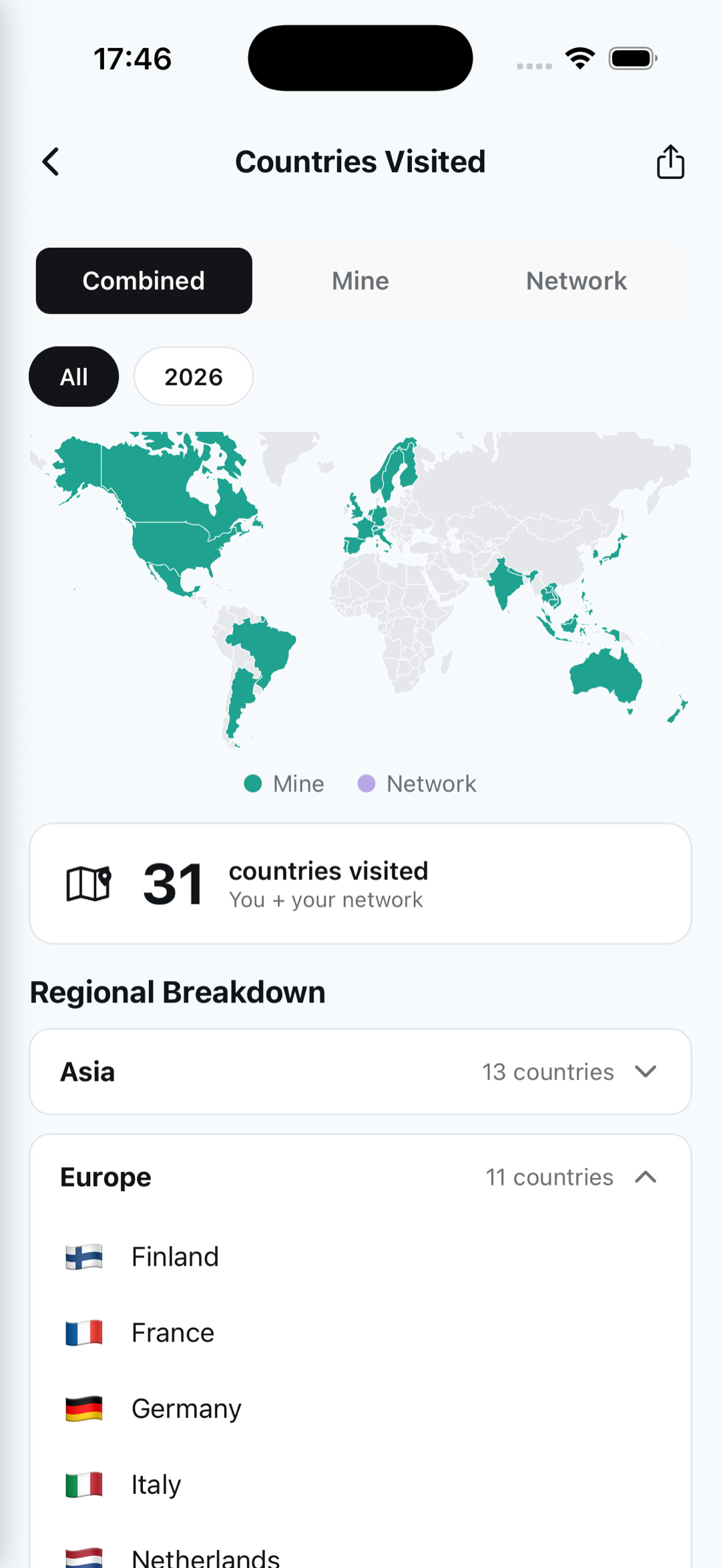 Solavello Countries Visited screen — Combined view with 31 countries on a world map