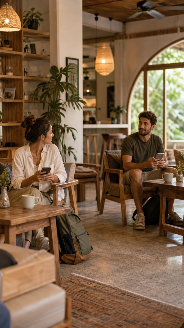 Two solo travelers noticing each other in a guesthouse lounge