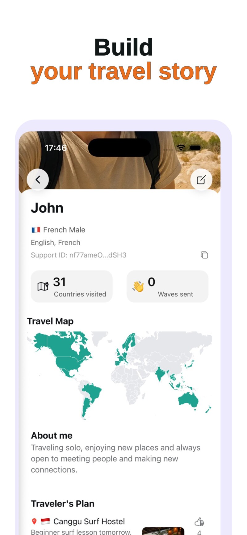 Profile screen showing countries visited, travel map, and traveler plan